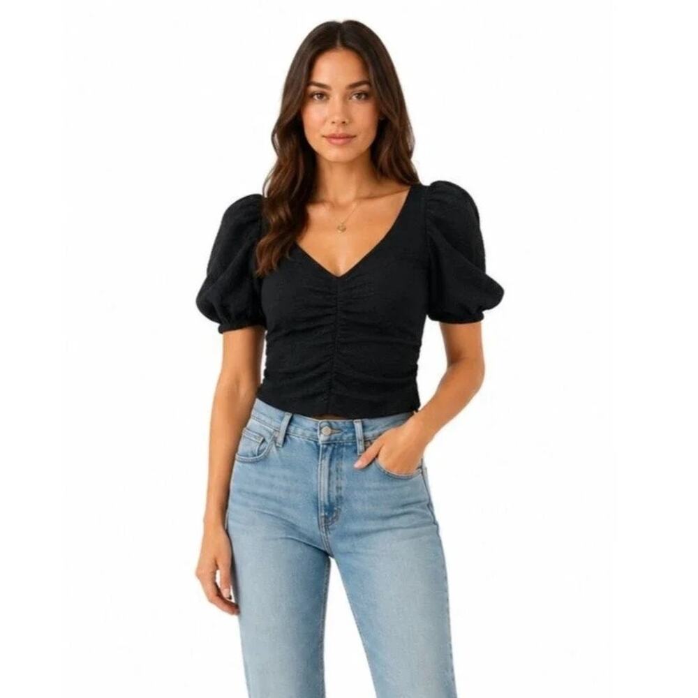 FREE PEOPLE | Cupcake Puff Sleeve V-Neck Top Black Large EUC